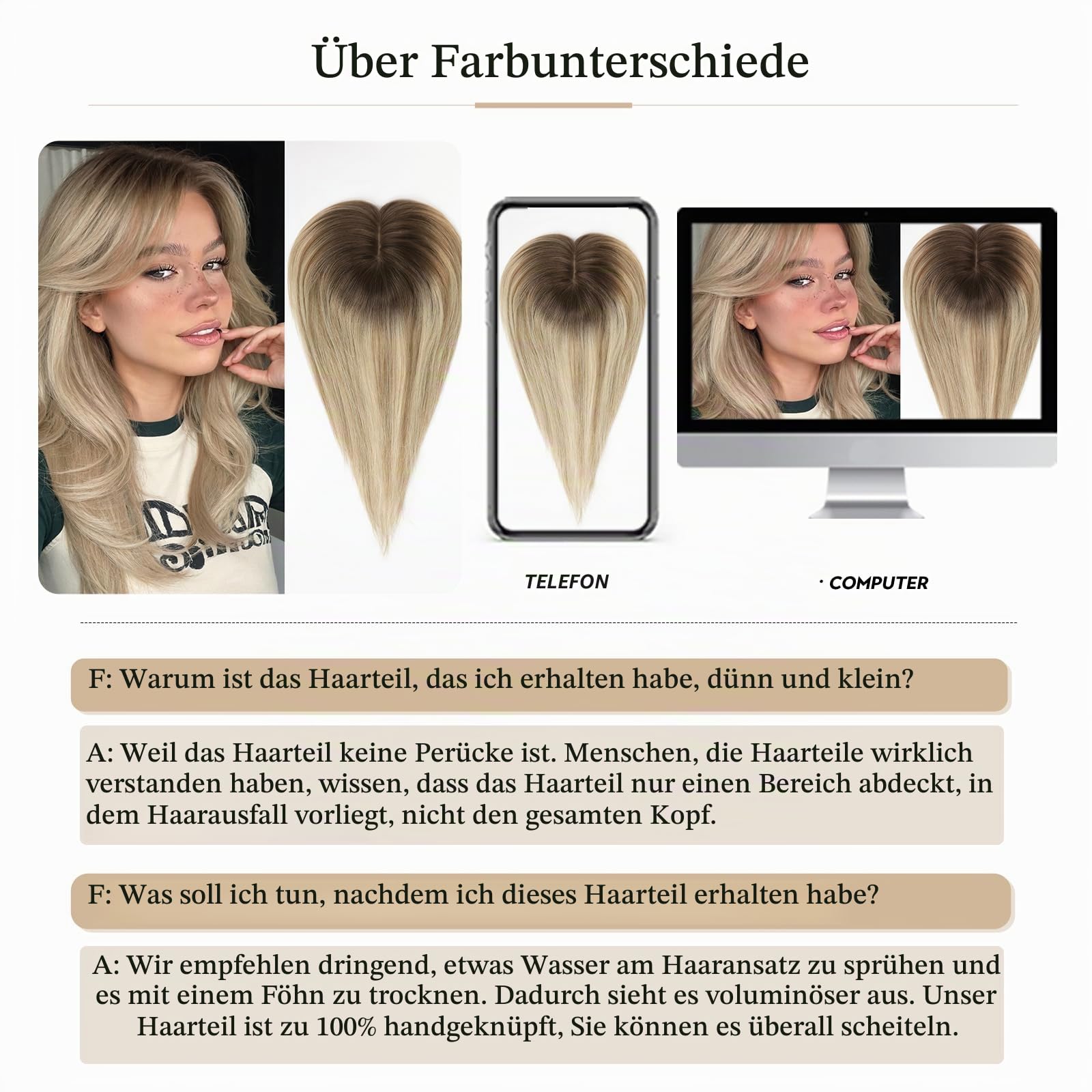 HAIRCUBE Haartopper echtes Menschenhaar für Frauen Ombre T2-#6/#613 Haartopper mit Pony 120% Dichte Seide Basisclip in Topper 14 Zoll 40 Gramm