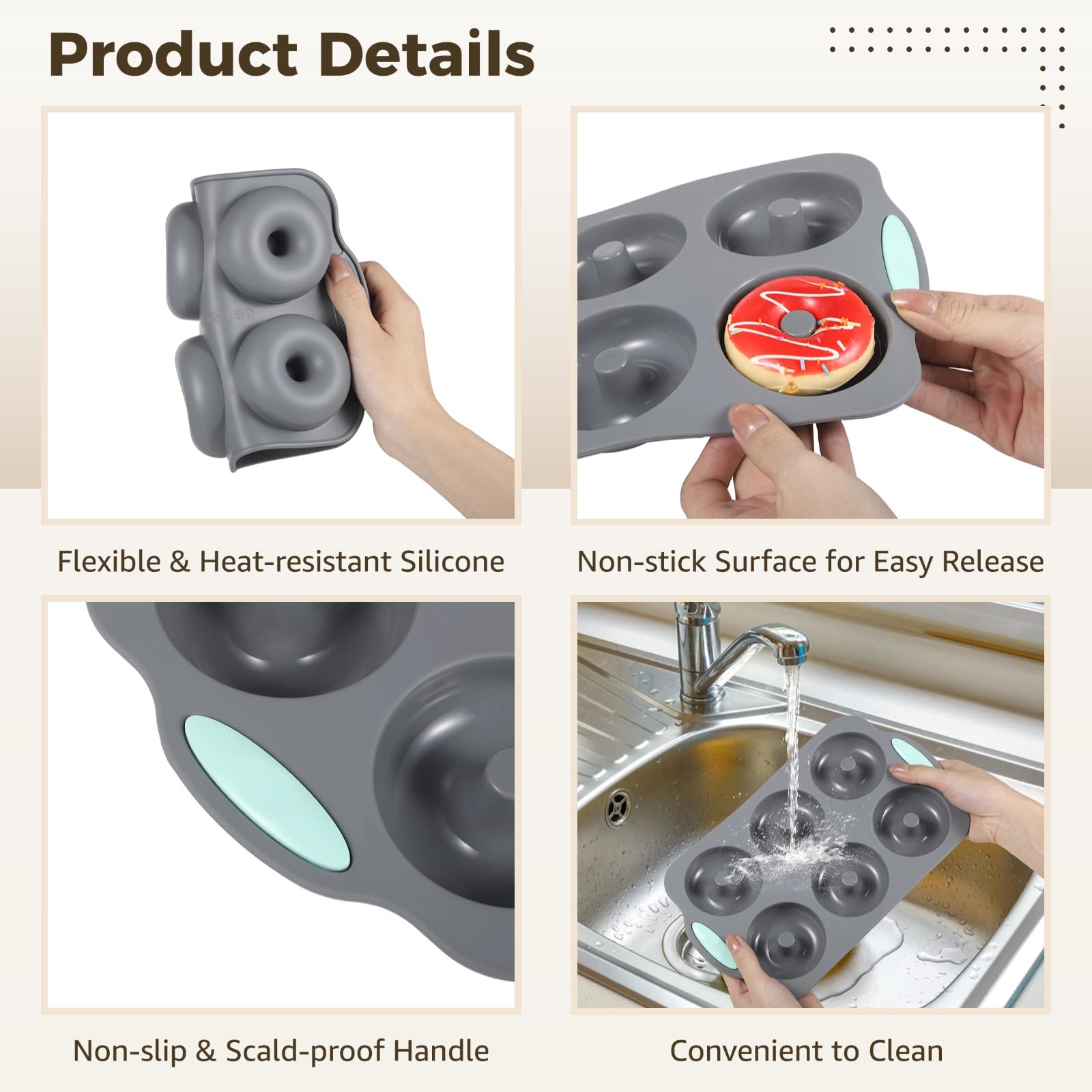 Generisch 8 Stück Donut-Backformen aus Silikon, Muffinformen mit Antihaft-Oberfläche, 4 Designs, 6 Mulden, für Kuchen und Doughnuts, mit Silikonpinsel, Spatel und Handschuh, leicht zu reinigen