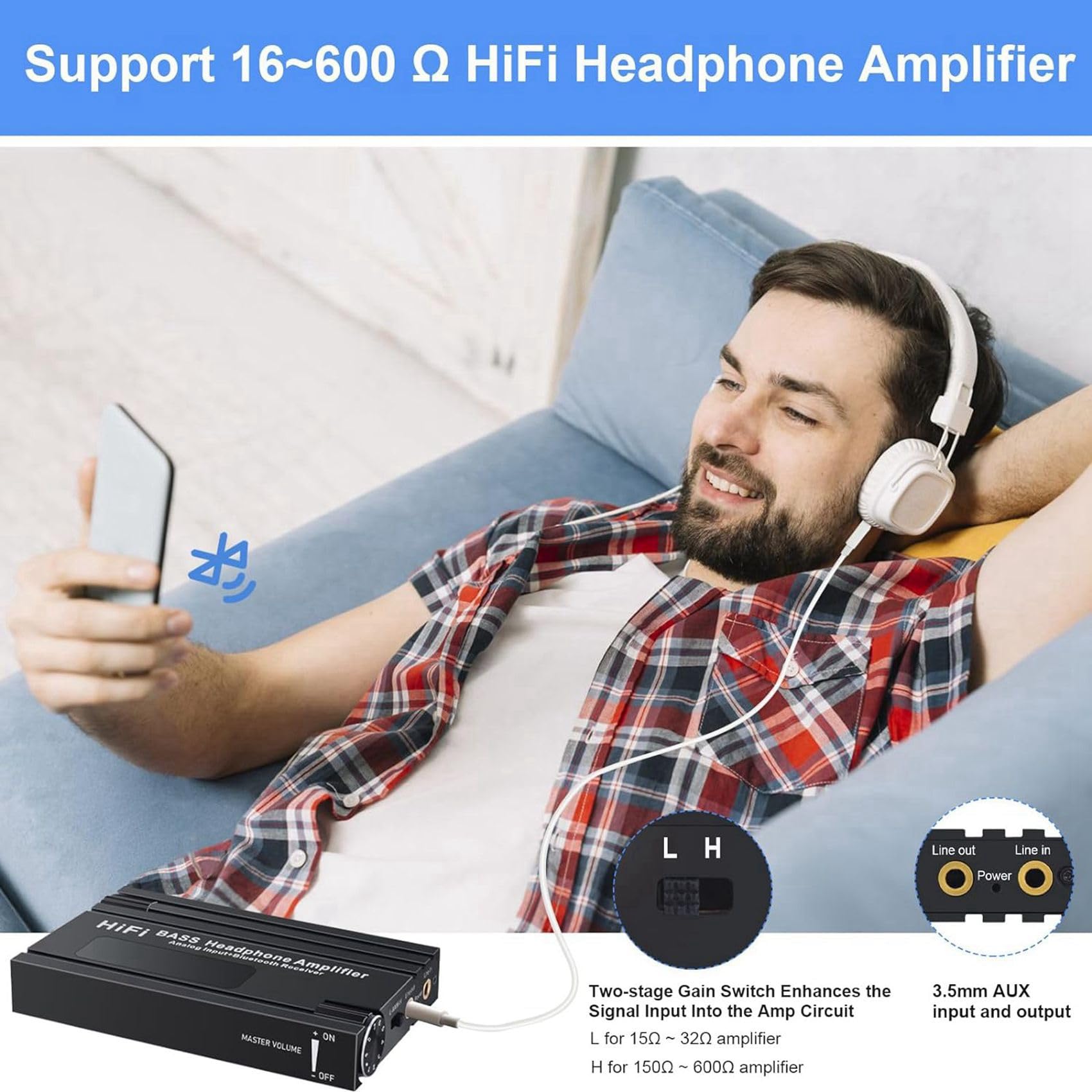 2X Amplificatore per Cuffie HiFi Bluetooth Amplificatore per Auricolari HiFi Portatile con Controllo del Volume dei per MP3/MP4/Telefoni/Lettore Digitale