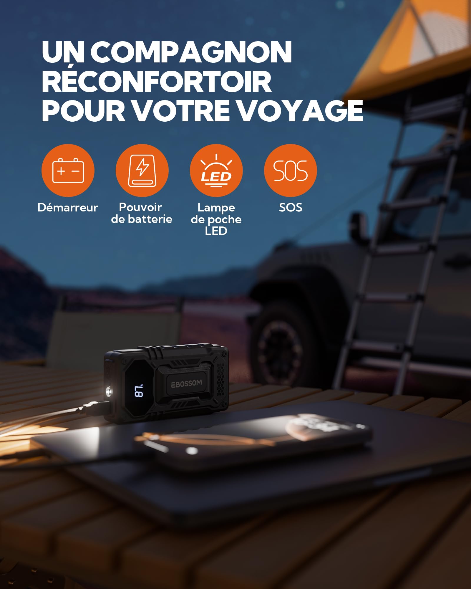 Booster Batterie Voiture, 12000mAh Démarreur de Voiture et Moto Portable, 12V Jump Starter avec Câbles de Démarrage Intelligents, Lumière LED Kit d'urgence pour Véhicules de Voyage, Chargeur de Secour