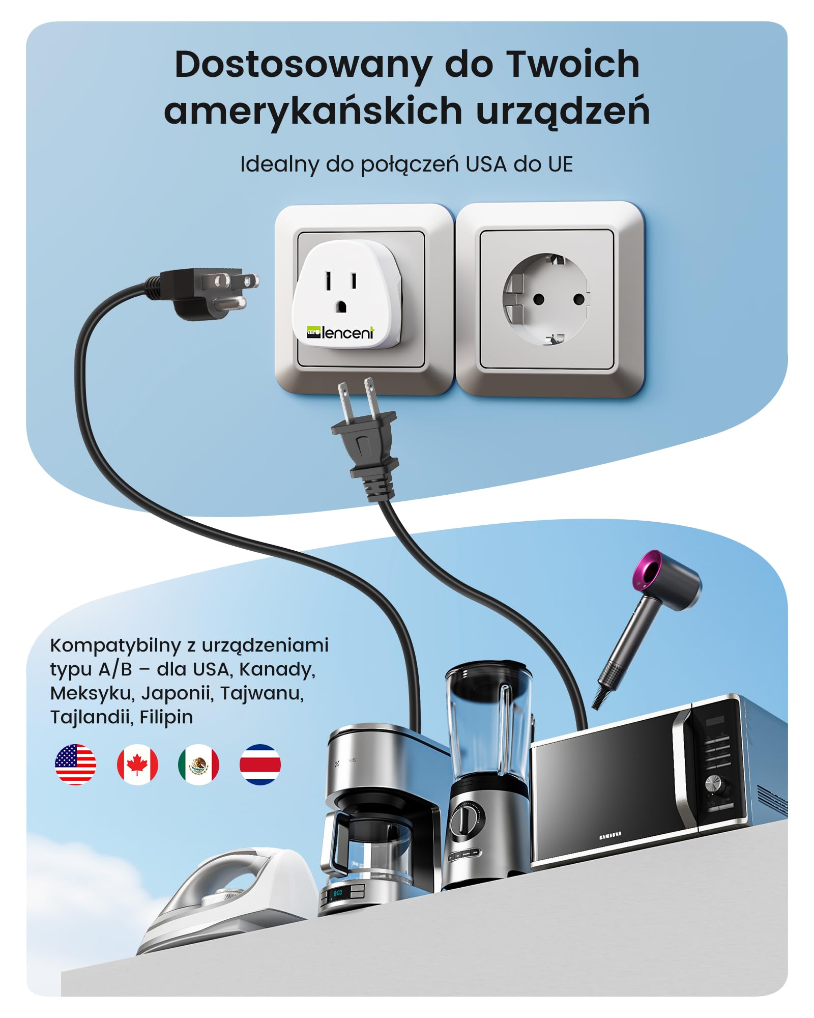 LENCENT 2 sztuki Adapter Podróżny USA do Polski/UE Wtyczka, Typu-C/E/F Podróżna Adapter [3250 W/13 A MAX] Wtyczki Adapter, Ameryki USA, Japonia, Kanada, Meksyk Wtyczka do Polski/UE ładowarka ścienna