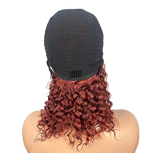 Miniatura 5 de XSY Peluca de cabello humano con diadema de 16 pulgadas, color marrón rojizo y ondulado profundo, pelucas de cabello humano para mujeres negras,