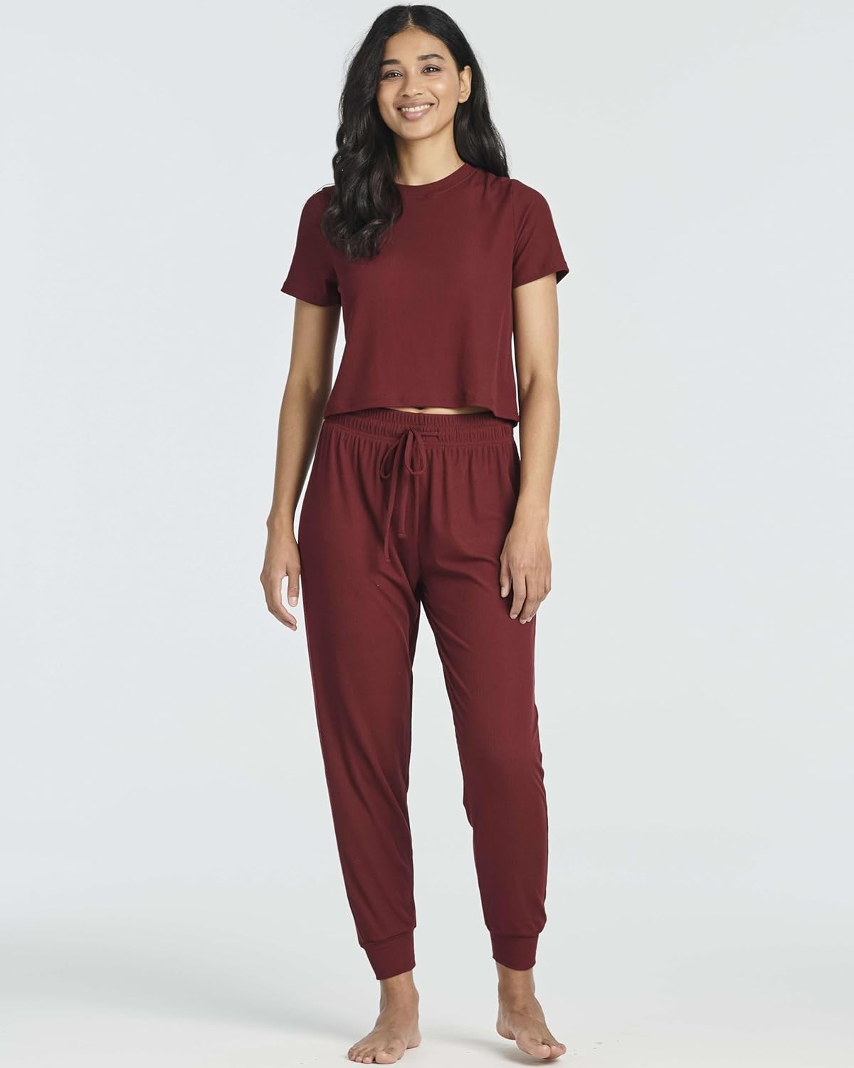 Real Essentials 2 Pack: Women's Ribbed Knit Lounge Sets – Short Sleeve Top with Jogger Sweatpants - Image 2