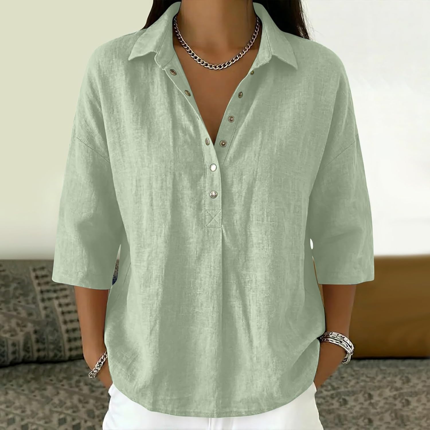 Linen Shirts for Women Casual Spring Summer 3/4 Sleeve V Neck Button up Henley Blouses Vacation Comfy Travel Tunic Tops