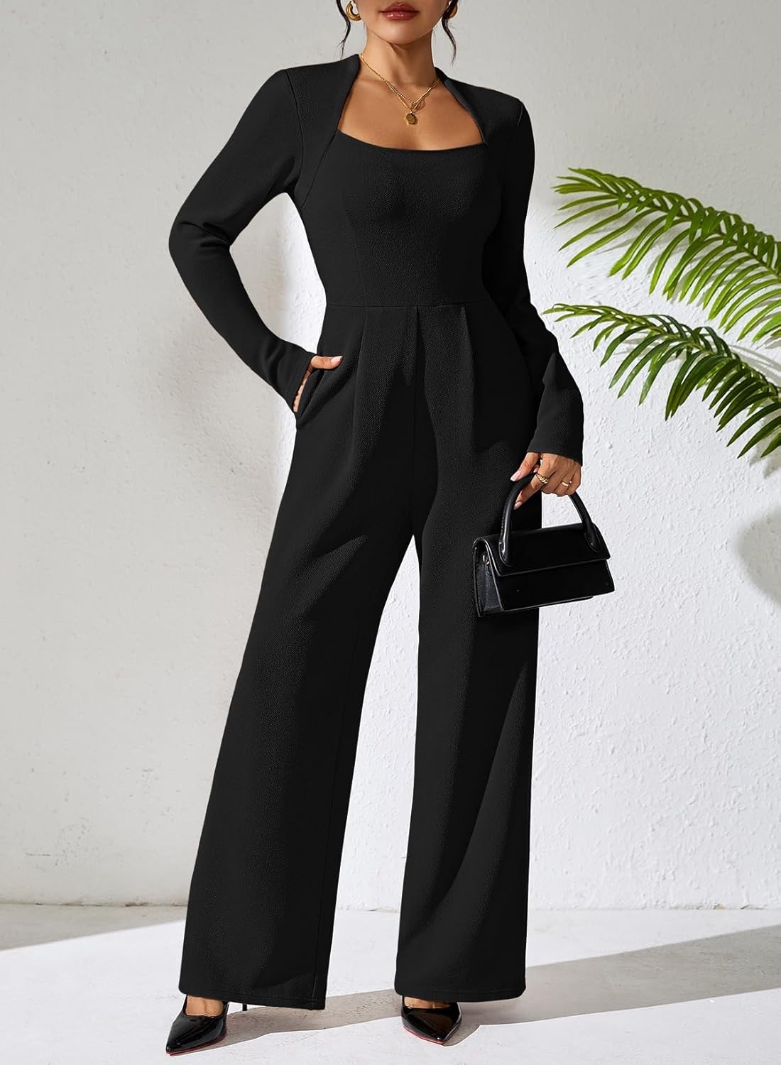 Pink Queen Jumpsuits for Women Dressy Scoop Neck Long Sleeve Wide Leg Romper One Piece Trendy Outfits - Image 7