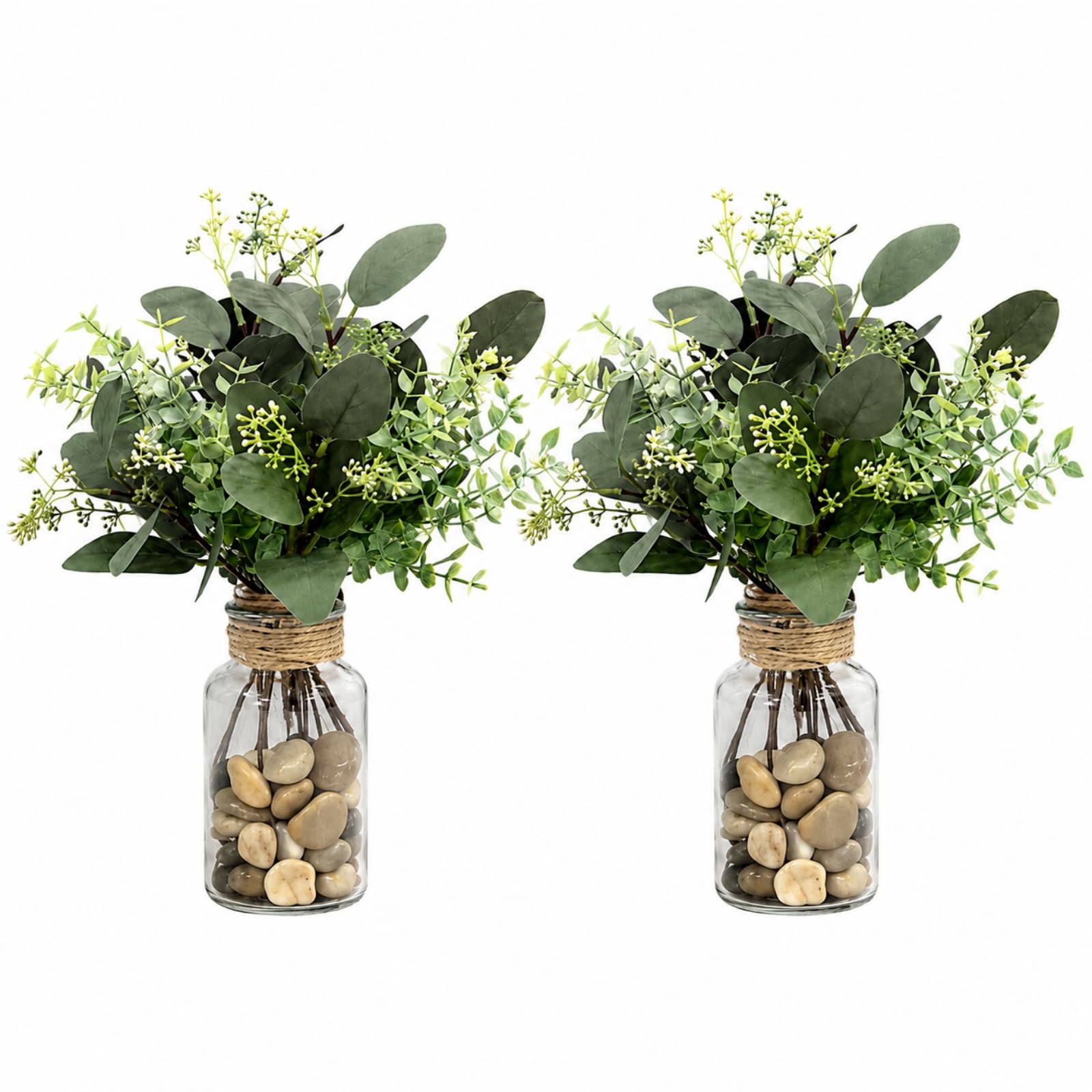 24pcs Artificial Eucalyptus Stems in Glass Vase with Natural Stones 35cm