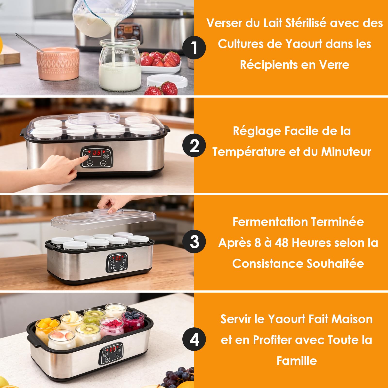 Dreamhigh® Électrique Yaourtière, avec 8 Pots en Verre avec Couvercle de 180ml, Thermostat Réglable et Affichage Numérique et Minuterie, Idéal pour Famille et Yaourts Faits Maison