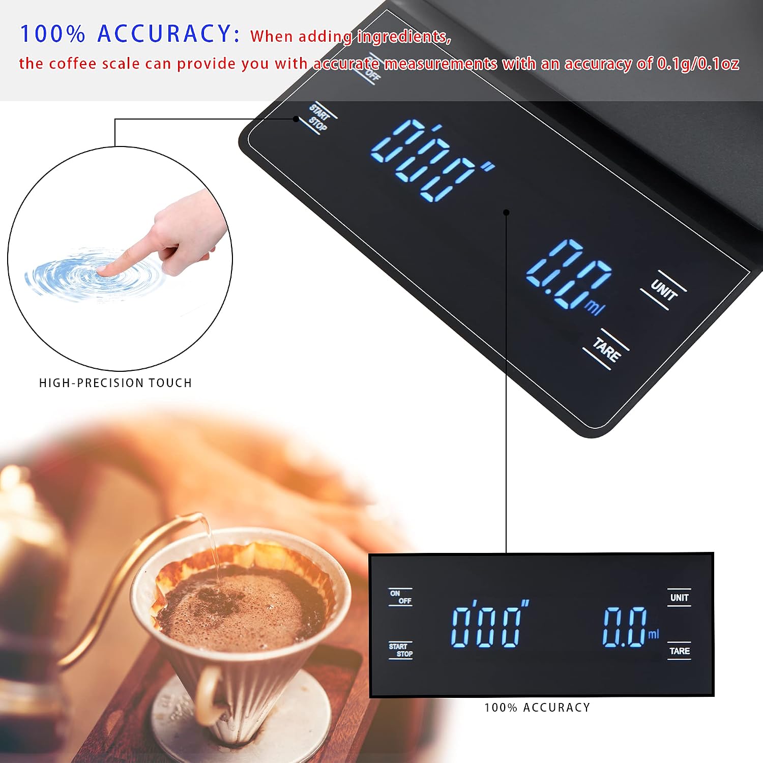 bemece Digital Coffee Scale with Timer, 3 kg/0.1 g High Precision Kitchen Food Scale Drip Espresso Scale with Back-Lit LCD Display (Batteries Included)