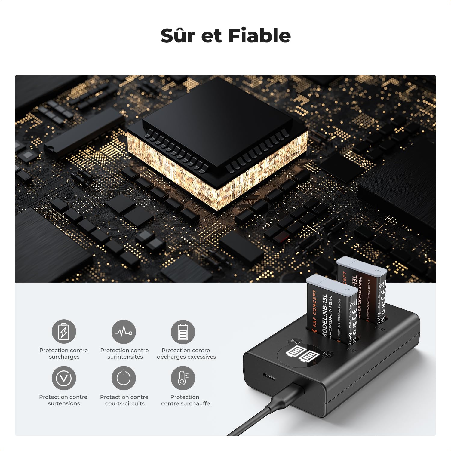 K&F CONCEPT NB-13L Batterie de Remplacement 2-Pack avec Chargeur LCD Dual Slot, Compatible avec Canon EOS G7X3/G7X2/G9X/G5X/SX720HS Cameras etc.