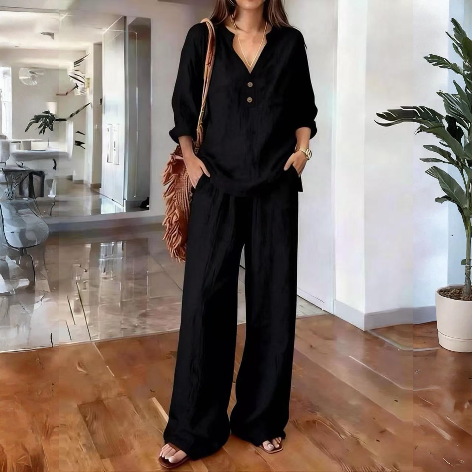 Ensemble Lin Femme Deux Pièces Chemise Manches Longues Col V Bouton Tunique Pantalon Chemise Haut Fluide Et Ample Taille Elastique Set Léger Décontracté Couleur Unie De Plage Loungewear Jogging