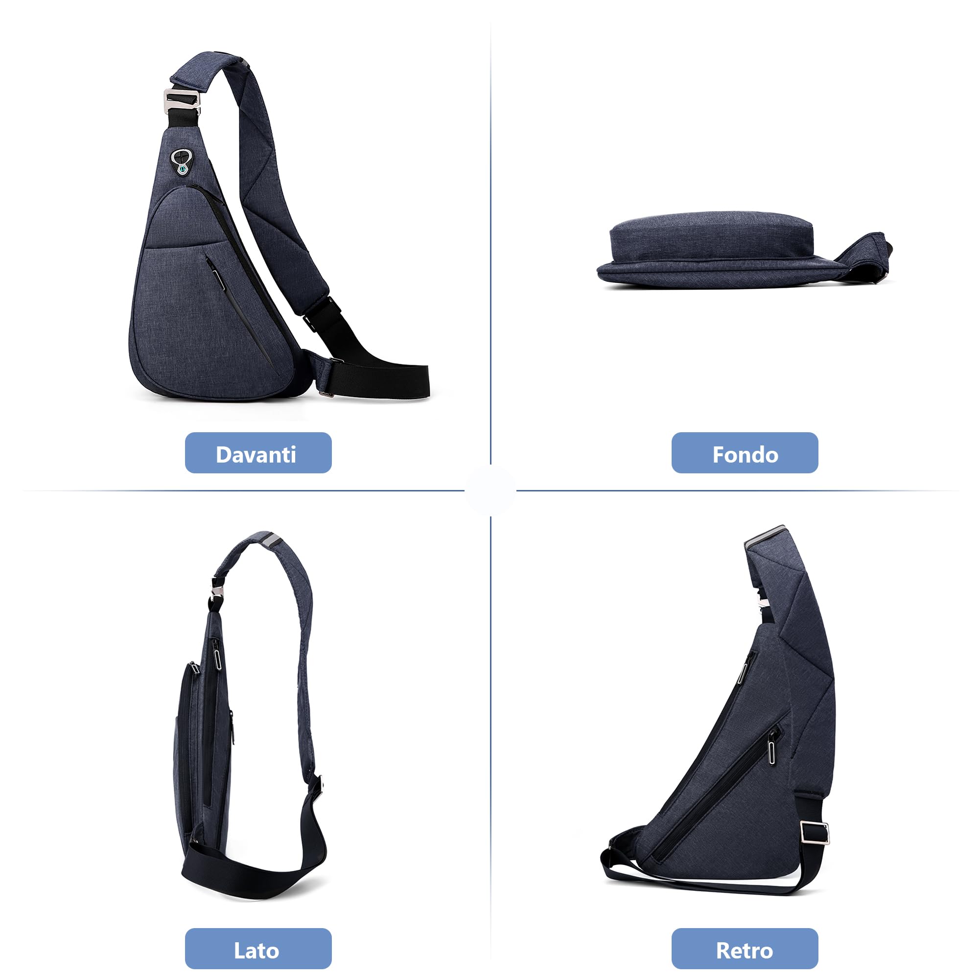 VARLIVOO Zaino Monospalla da Uomo Sling Bag Borse a Spalla Borsa a Tracolla Viaggio Escursionismo Ciclismo Impermeabile Poliestere Blu B