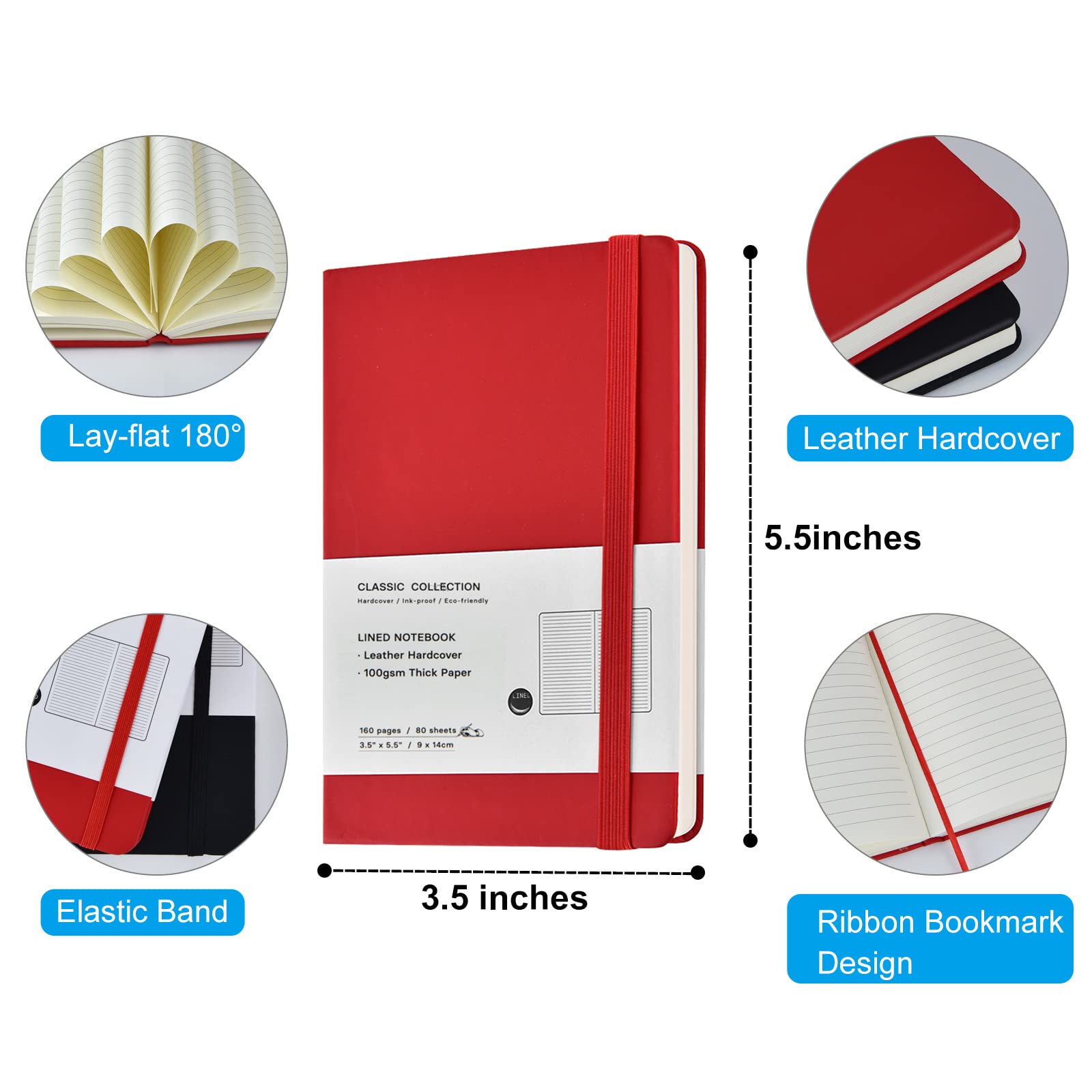 Confezione da 12 quaderni tascabili, piccoli quaderni a righe, in pelle, con copertina rigida, per ufficio, casa, scuola, lavoro, 8,9 x 14 cm, carta spessa 100 g/m², 160 pagine (6 colori)