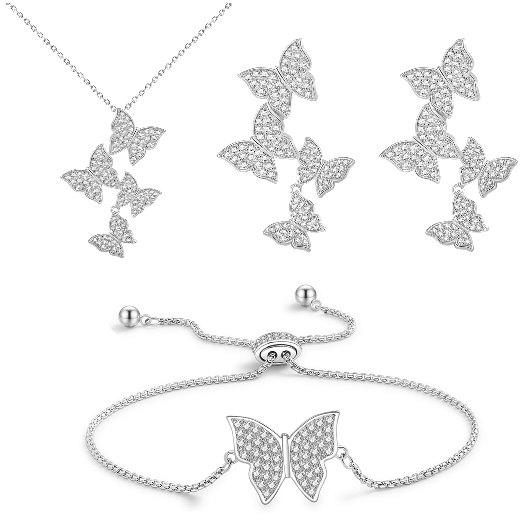 MAARRING Butterfly Earring Necklace Bracelet Set - 14K Gold Plated Dainty Butterfly Jewelry Set with Cubic Zirconia, Birthday Bar Mitzvah Gifts for