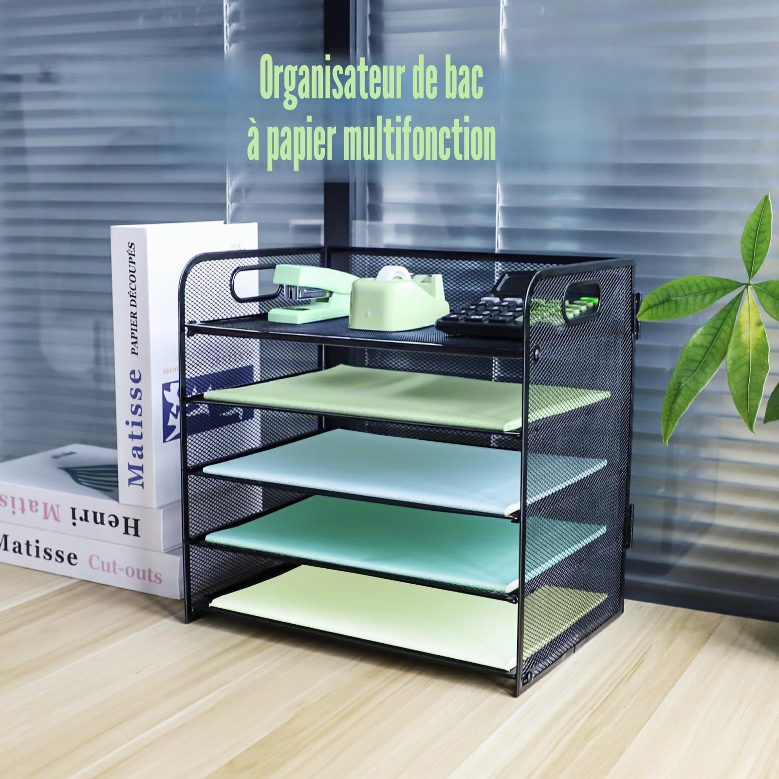 Lot de 2 corbeilles à courrier avec poignée, organiseur de bureau en maille métallique à 5 niveaux, plateaux pour papier A4, porte-revues et porte-documents