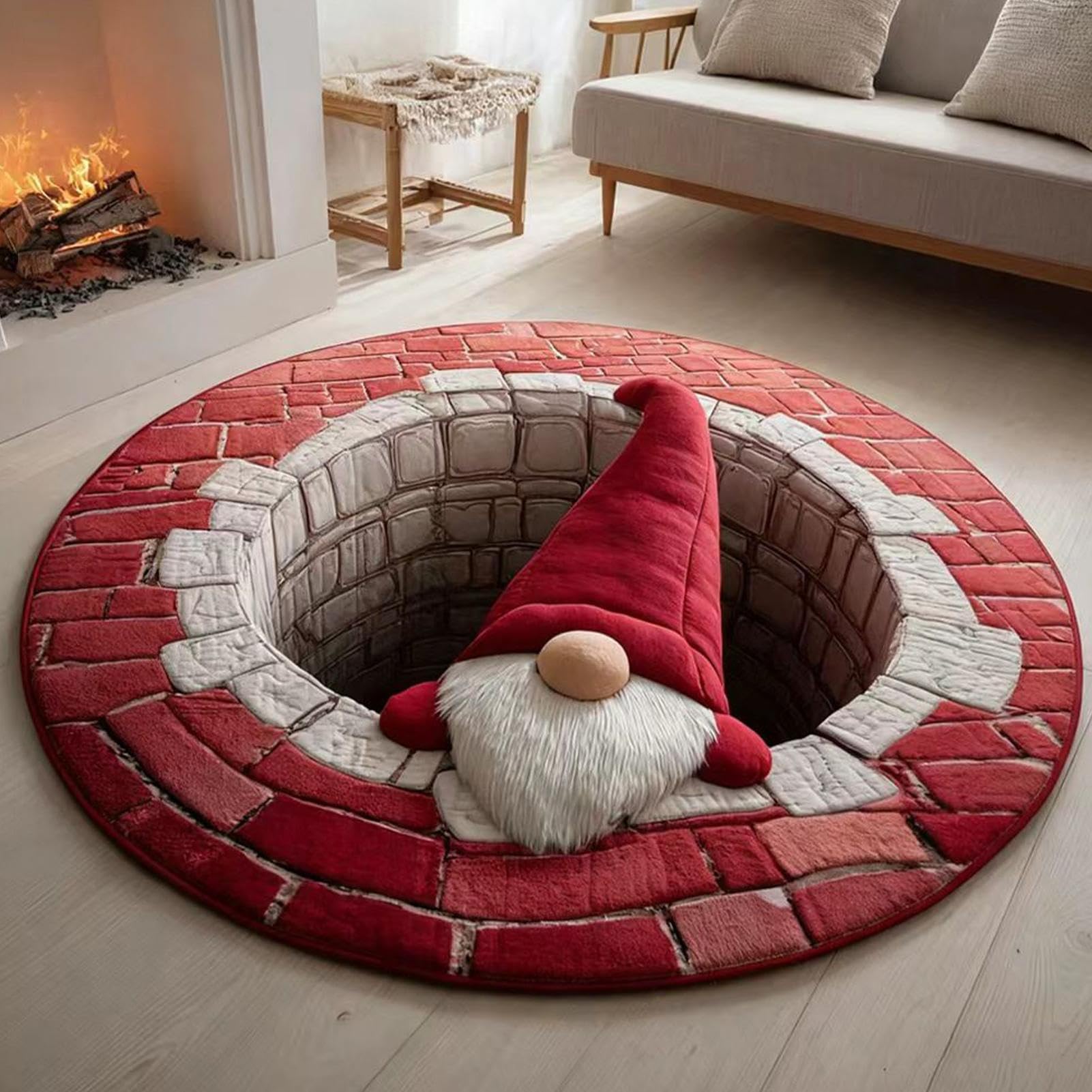 Tappeto Natalizio 3D Rotondo - 100x100 Cm, Con Babbo Natale, Antiscivolo E Lavabile, Per Casa