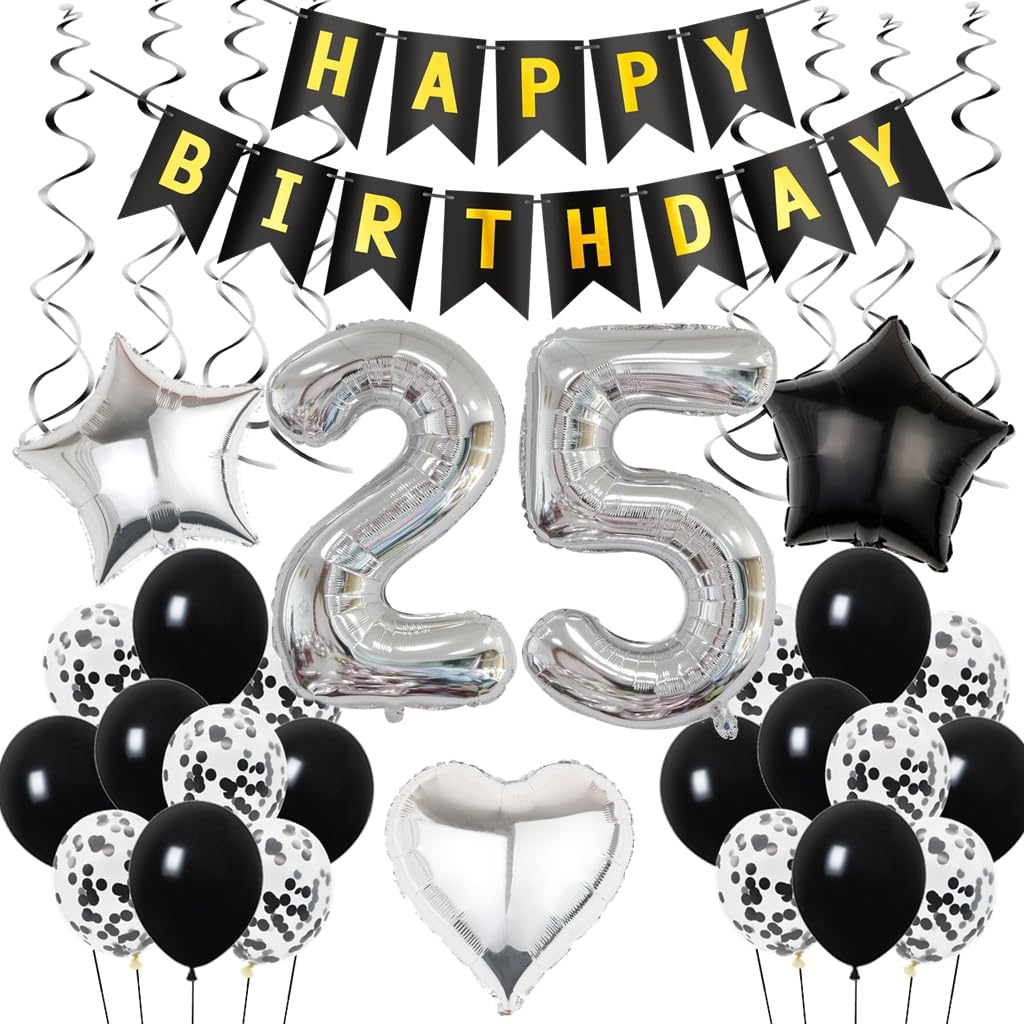 Decoración de 25 cumpleaños, Deco de cumpleaños 25 años hombres, Deco de 25 cumpleaños hombre, Deco de 25 globos negro y plata, Deco de fiesta de 25 cumpleaños con globos, Deco de 25 cumpleaños