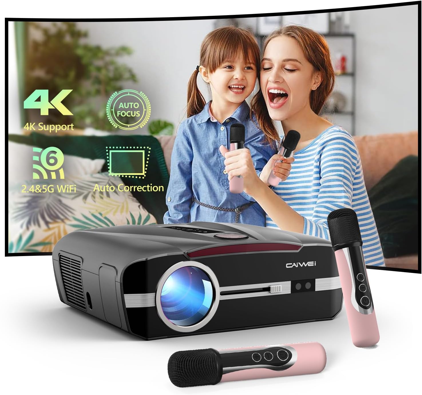 4K Projector Auto Focus HDR WiFi 6, Smart Daylight Projector 4K High Lumen 1200 ANSI LED 1080P Ultra HD Ceiling Home Theater Karaoke Movie Gaming Indoor Outdoor with Bluetooth HDMI USB Ethernet Apps Modern