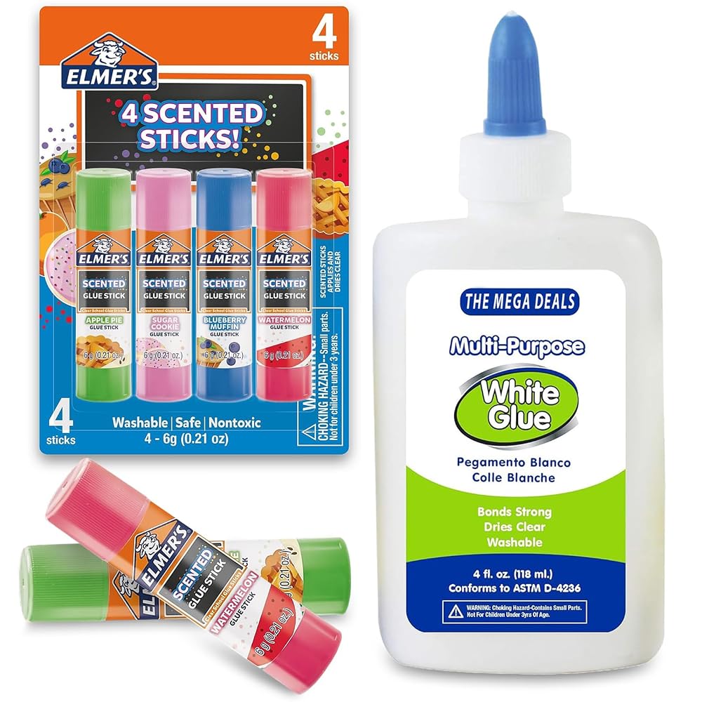 Glue Sticks for Kids, Scented Glue Sticks 4 Count 0.21 oz with White Liquid School Glues 4 oz