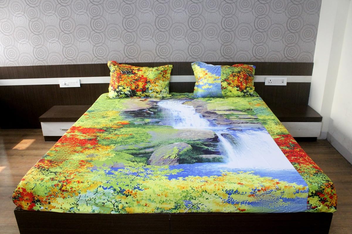 Double Size Bedsheet with 2 Pillow/Takiya Covers Flat Sheet with 2 Pillow Cover - 3D Waterfall Print_Double