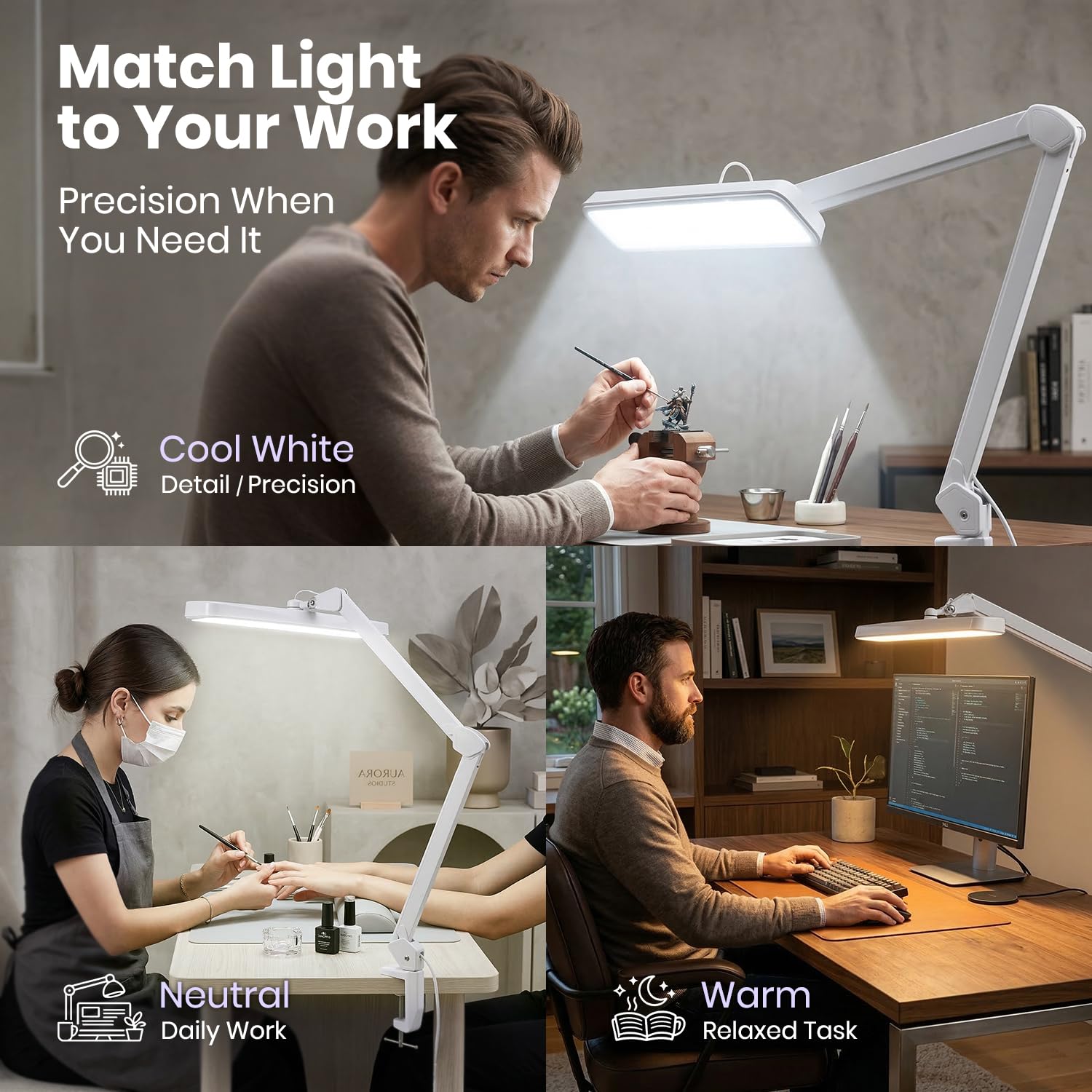 Neatfi XL Lampada da Scrivania LED – Testa da 56 cm | 324 LED SMD | 5 Modalità di Luce | Dimmerabile | Braccio Regolabile con Morsetto | Luce da Tavolo per Casa e Ufficio (Bianco, CCT con morsetto)