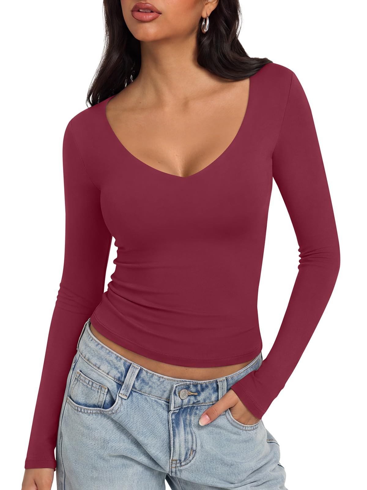 REORIA Damen V-Ausschnitt Langarm Slim Fit Oberteile Tops Basic Shirt | Longsleeve Damen,Glatter Stretch-Stoff, Oberteile zum Ausgehen,Doppellagiger Stoff,Going Out Top