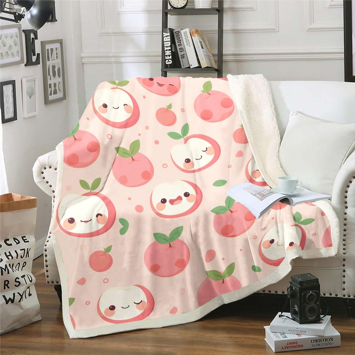 Feelyou Apple Print Fleece Throw Blanket for Kids, Boys, Girls, Teens, Toddlers - Cute Cartoon Pink Plush Sweet Fruit Fuzzy Blanket for Sofa, Bed, Couch - Twin 60x80 Inches