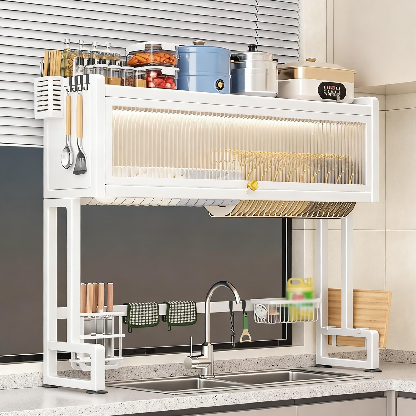 Escurridor de platos multifuncional de acero inoxidable para encimera, para platos, vasos, cuencos y cubiertos