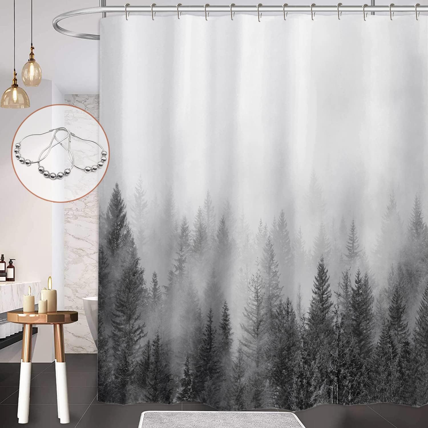 ORTIGIA Grey Forest Shower Curtain Misty Mountain Tree