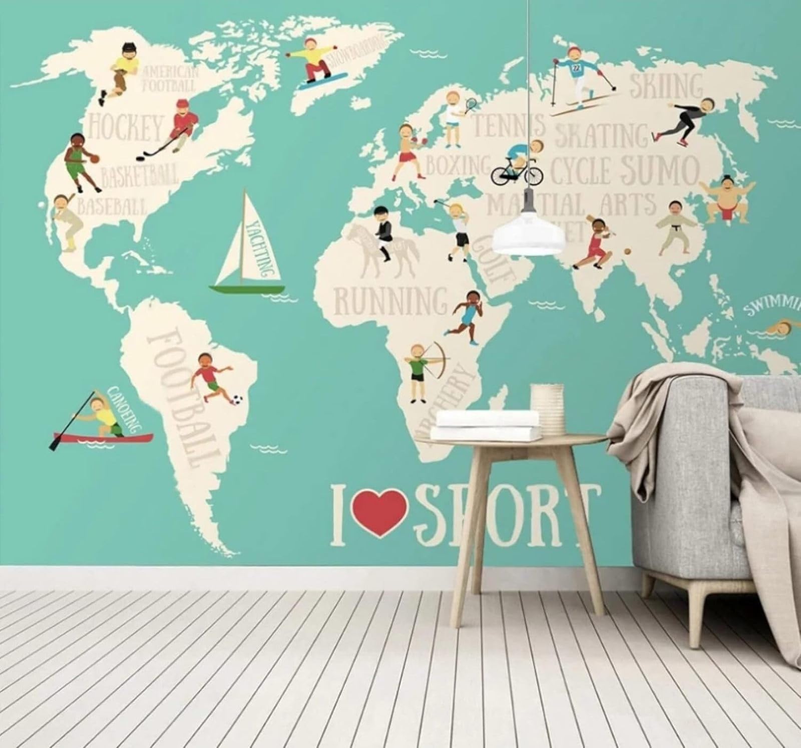 Wallpaper-3D-Xlm 300Cm×210Cm(B×H) Cartoon Fresh World Map People Sport 3D Wallpaper Easy Install Feature Office Living Room Sofa Bedroom Tv Background Wall Decoration-300Cm×210Cm