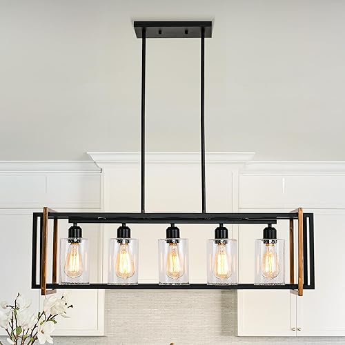 Iluminación de isla de cocina de granja, lámpara de comedor de 5 luces, con pantalla de cristal, lámpara lineal de granja de hierro forjado con