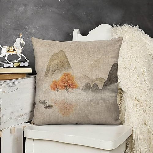 Miniatura 7 de Chinoiserie - Fundas de almohada de pintura de paisaje de tinta de concepción artística de 18 x 18 pulgadas, fundas de almohada vintage con flores,