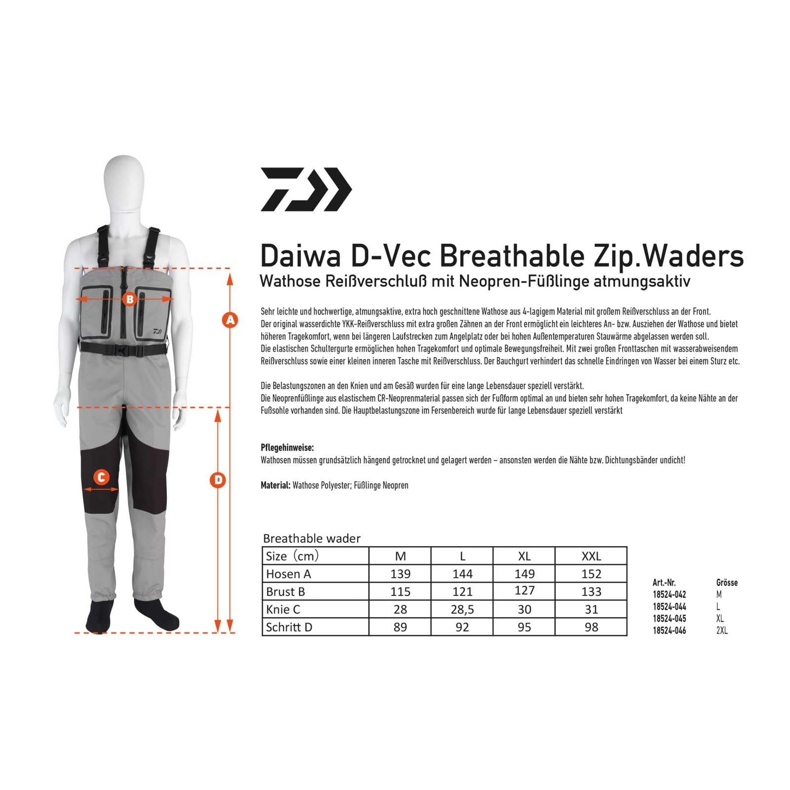 Daiwa Pantaloni da trampoliere D-Vec, traspiranti, con zip, taglia M, XXL, con piedini in neoprene