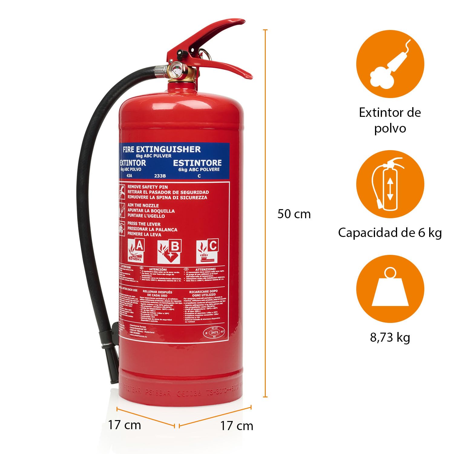 Smartwares Powder Extinguisher, 6 kg, for ABC Fires, Suitable for Vehicles and Homes, with mounting Bracket