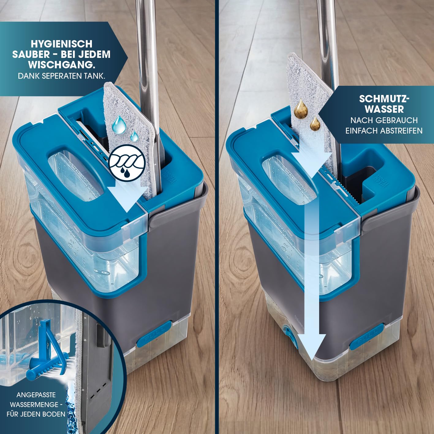CLEANmaxx Komfort-Mopp DuoTank + Ersatz-Wischpad 2er-Set - Bodenwischer mit abnehmbaren Tanks, Wischmopp mit 100 % hygienisch getrenntem Frisch- & Schmutzwasser | Wash- & Dry-Zonen