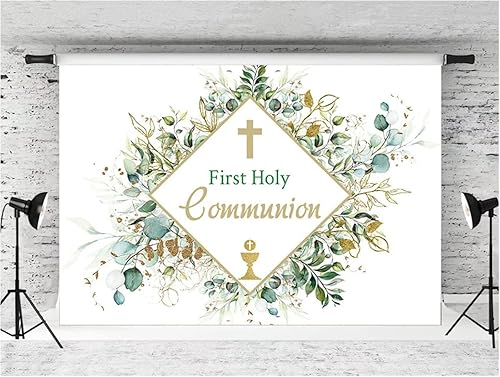 Miniatura 2 de Cortina de fondo decorativa de hojas verdes de la Primera Comunión, planta verde, Dios bendiga el bautismo, fondo de fotografía, accesorios de