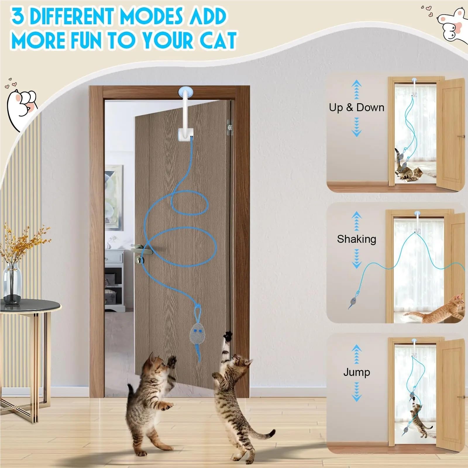 Juguete para gatos de rebote automático para colgar en la puerta, juguete retráctil con 3 ratones de hierba gatera, juguete interactivo para gatos de interior