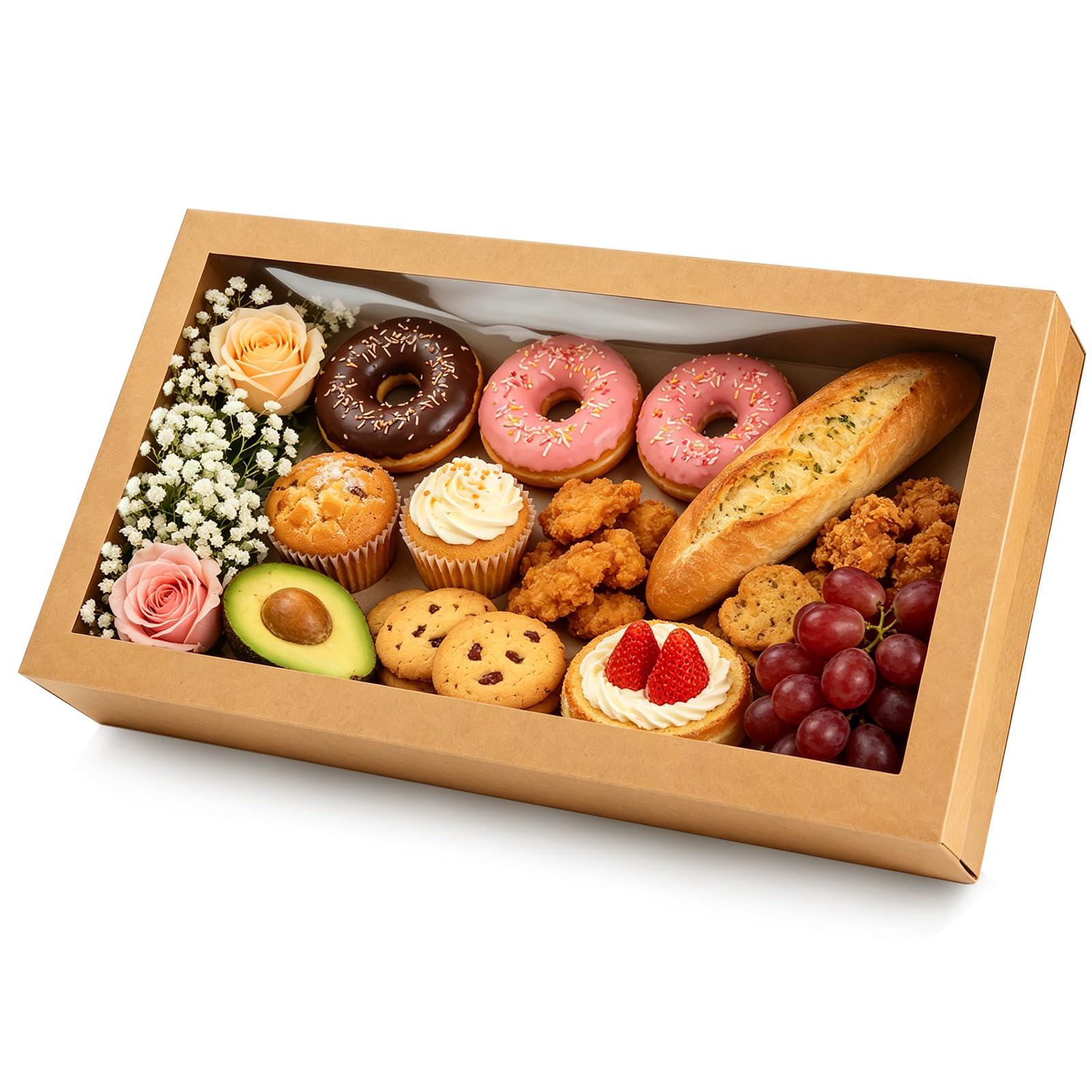 10 Pack Large Bakery Boxes with Window, 22x9.8x3.15 Inch Cookie Boxes, Extra Strong Cupcake Boxes, Pastry Boxes, Brown Treat Box for Gift Giving, Baking Pies, Cakes, Muffins and Desserts (XL)