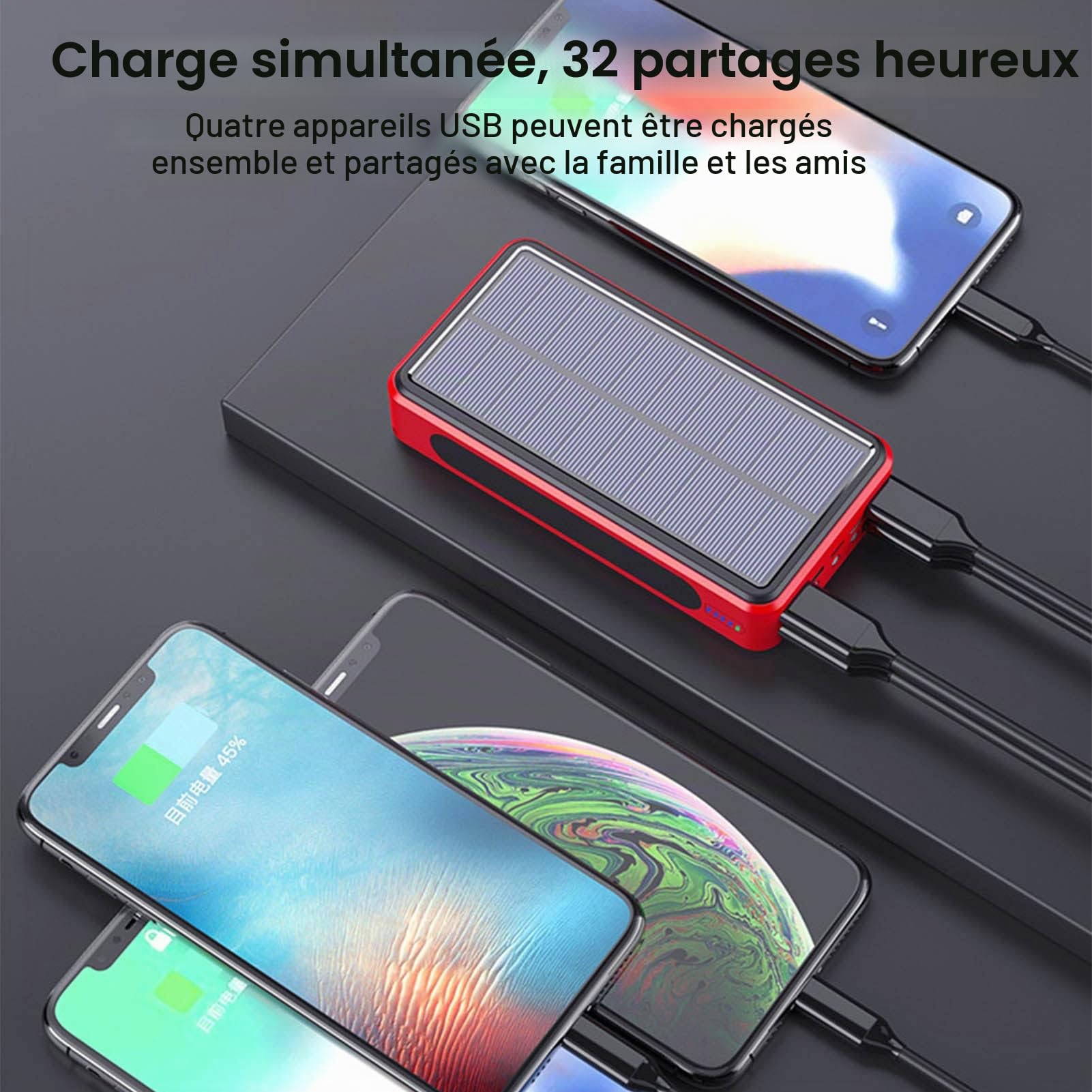 Batterie Externe Solaire 50 000 MAh, Chargeur Solaire Portable avec 4 Sorties, 3 Entrées Et 28 LED, Lampe Torche, Chargeur Étanche Et Charge Rapide pour Appareils Photo, Consoles MP3, Smartphones
