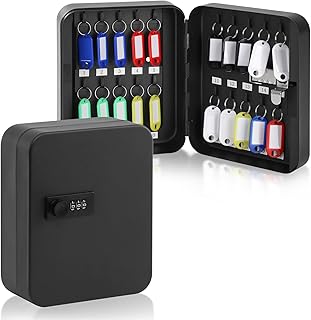 KYODOLED 20 Key Storage Lock Box with Code, Key Cabinet Organizer Wall Mount with Combination Lock, Key Hooks & Labels, 7.87 x 6.3 x 3.14 in, Black