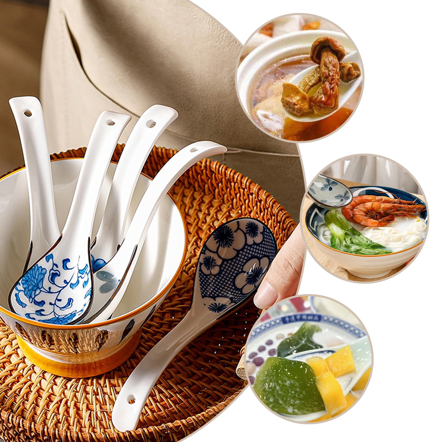 Set Di 5 Cucchiaio Per Zuppa Giapponese,Cucchiaini Ceramica, Cucchiai Da Ramen, Cucchiai Da Minestra Cinesi, Cinese Cucchiai Da Zuppa, Creativo Stoviglie Cucina Per Wonton Pasta Caffè