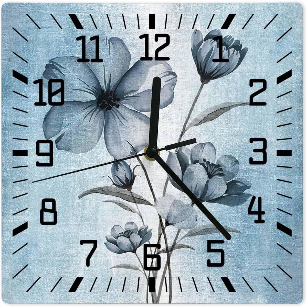 Wall Clock Square Non Ticking Silent Clock, Watercolor Ombre Wooden Wall Clock Retro Blue Flowers Kitchen Wall Clocks Battery Operated Clocks Home Decor for Kitchen Living Room Bedroom 12 Inch