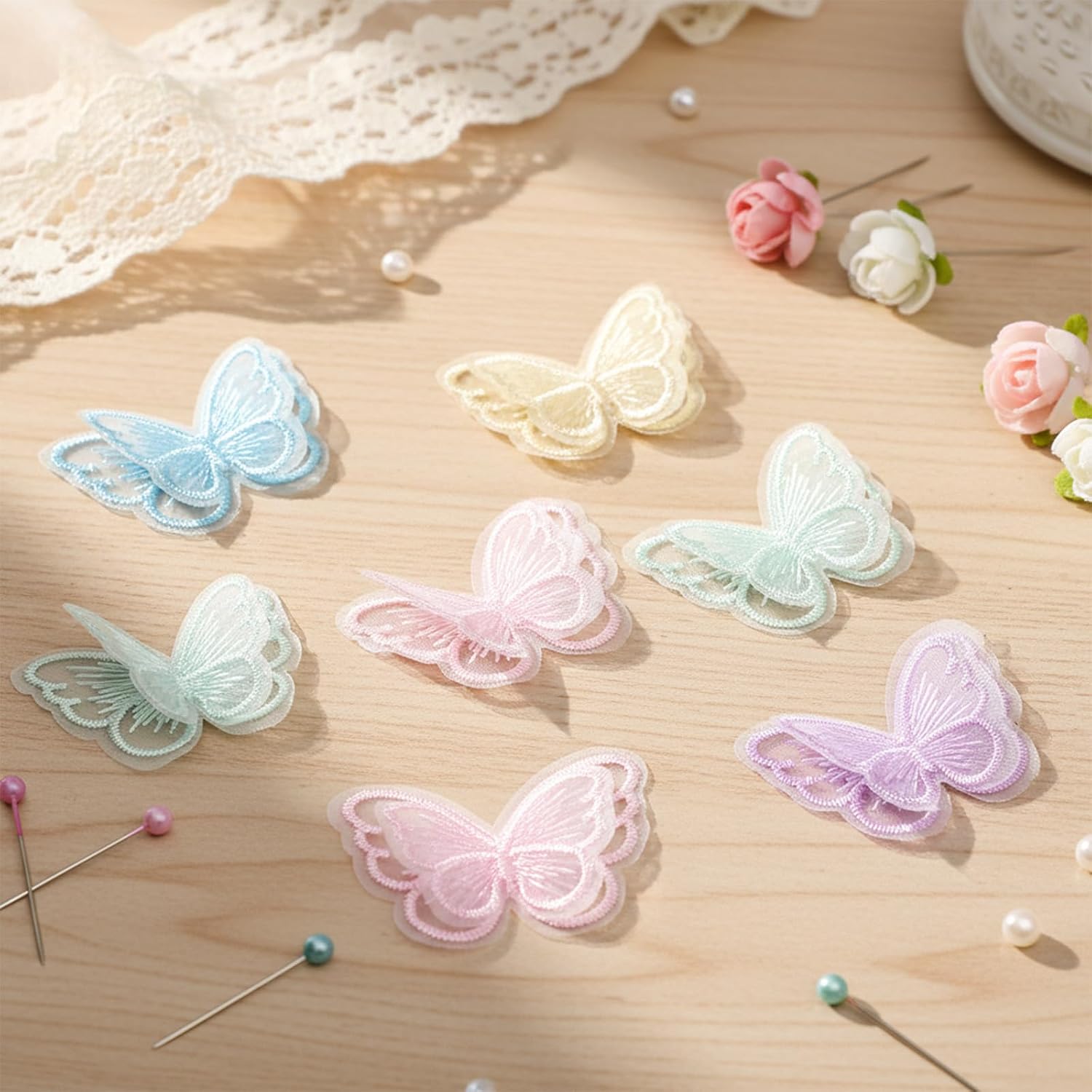 30 PCS Embroidery Butterfly Patches, Double Layer Organza Butterflies Applique Decorations, Butterfly Iron on Patches for DIY Crafts Wedding Bridal Party Headdress Clothes Hair Accessories(6 Colors)