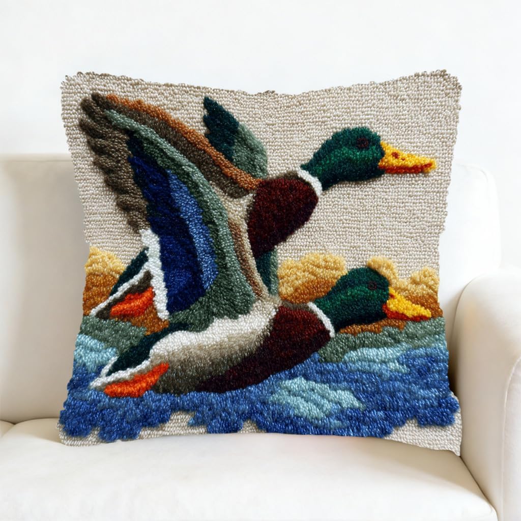 DIY Latch Hook Pillow Kit Mallard Ducks Flying Water 43x43cm-2