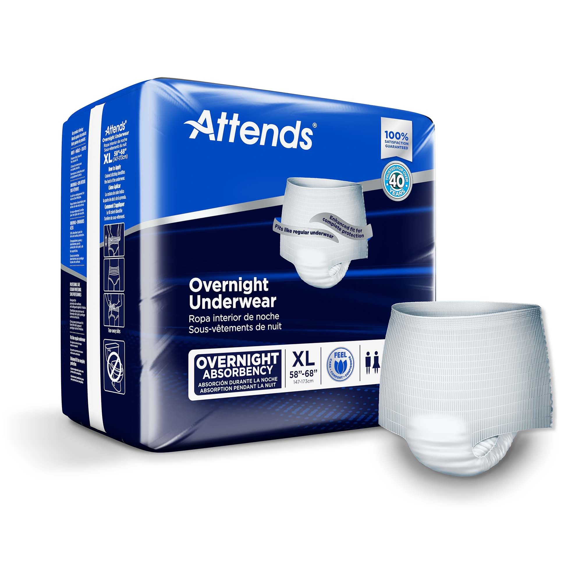 AttendsOvernight Underwear for Adult Incontinence Care with ConfidenceCuff™ Protection, Overnight Absorbency, Unisex, X-Large, 12 Count (x4)