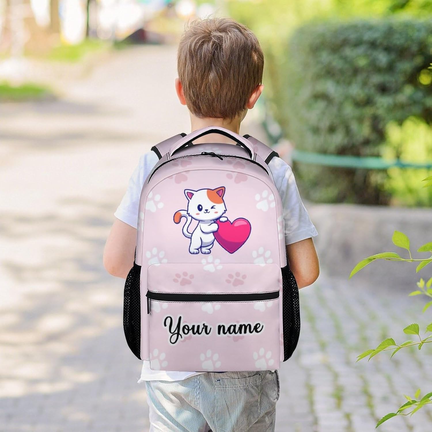 Custom Cat Backpack for Girls Boys, 16 Inch Pink Backpacks for School, Cute Lightweight Durable Bookbag for Kids
