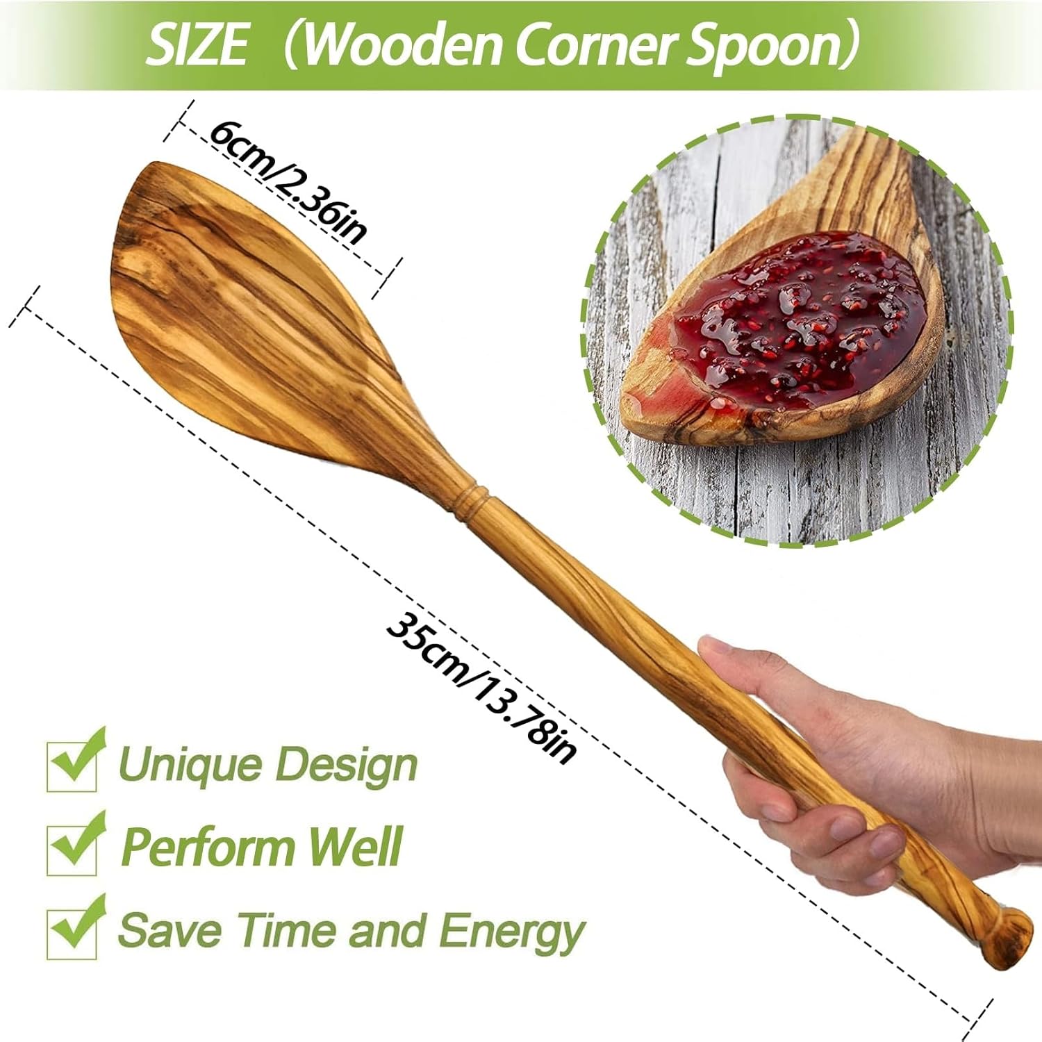 Olive Wood Spoon, Long Handle Large Wooden Spoon for Cooking, Round Cooking Spoon, Kitchen Stirring Serving Spoons(B)