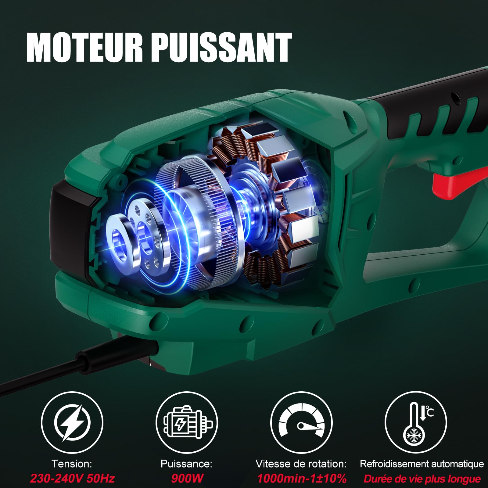 HYCHIKA Taille Haie Télescopique Électrique 900W, Élagueuse sur Perche, Extensible 200-250 cm, Double Interrupteur et Poignée