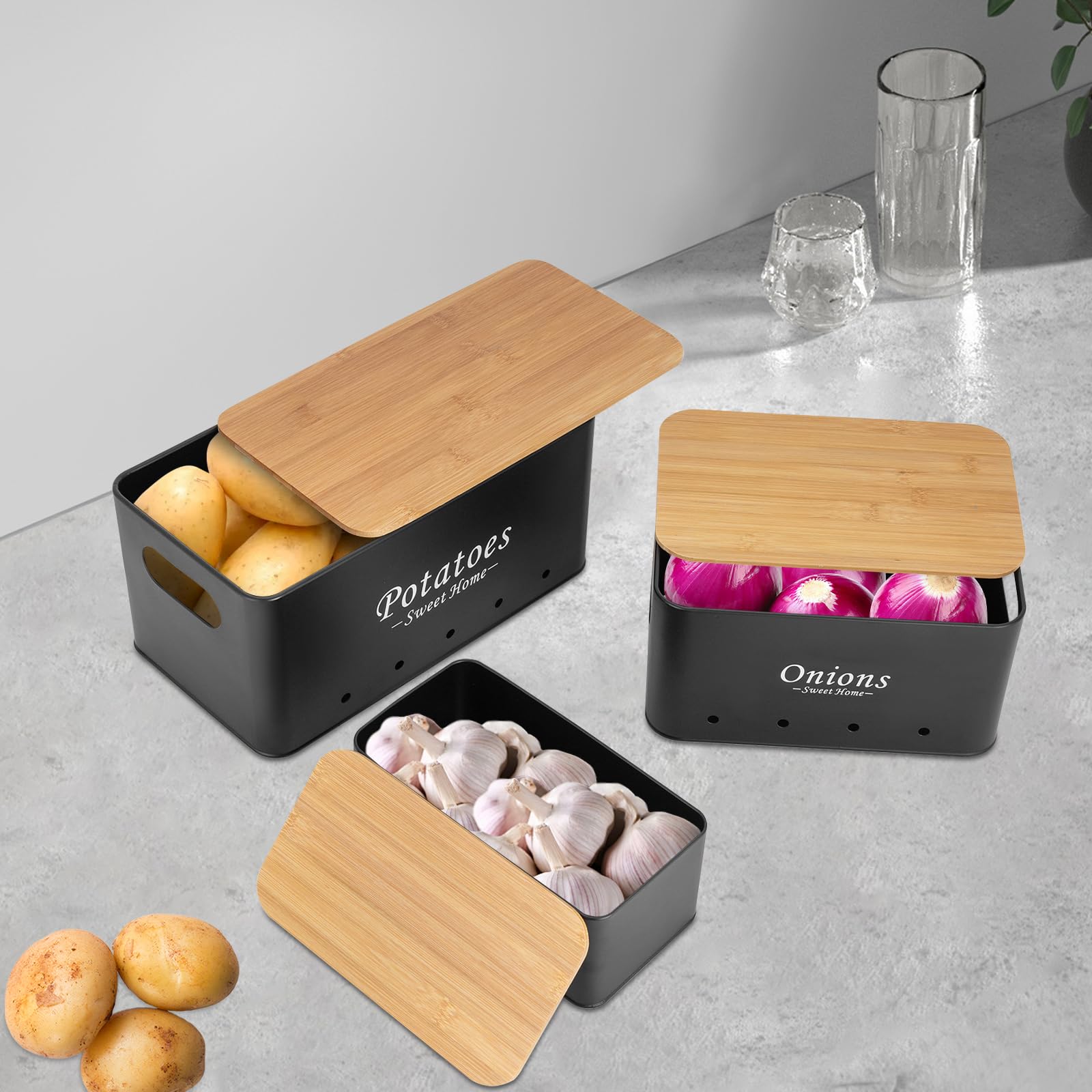 Kartoffel Aufbewahrungsbox 3er Set, Aufbewahrungsbox Küche für Zwiebeln/Kartoffeln/Knoblauch, Aufbewahrung Küche mit Belüftungslöchern, 3 Größen, Schwarz