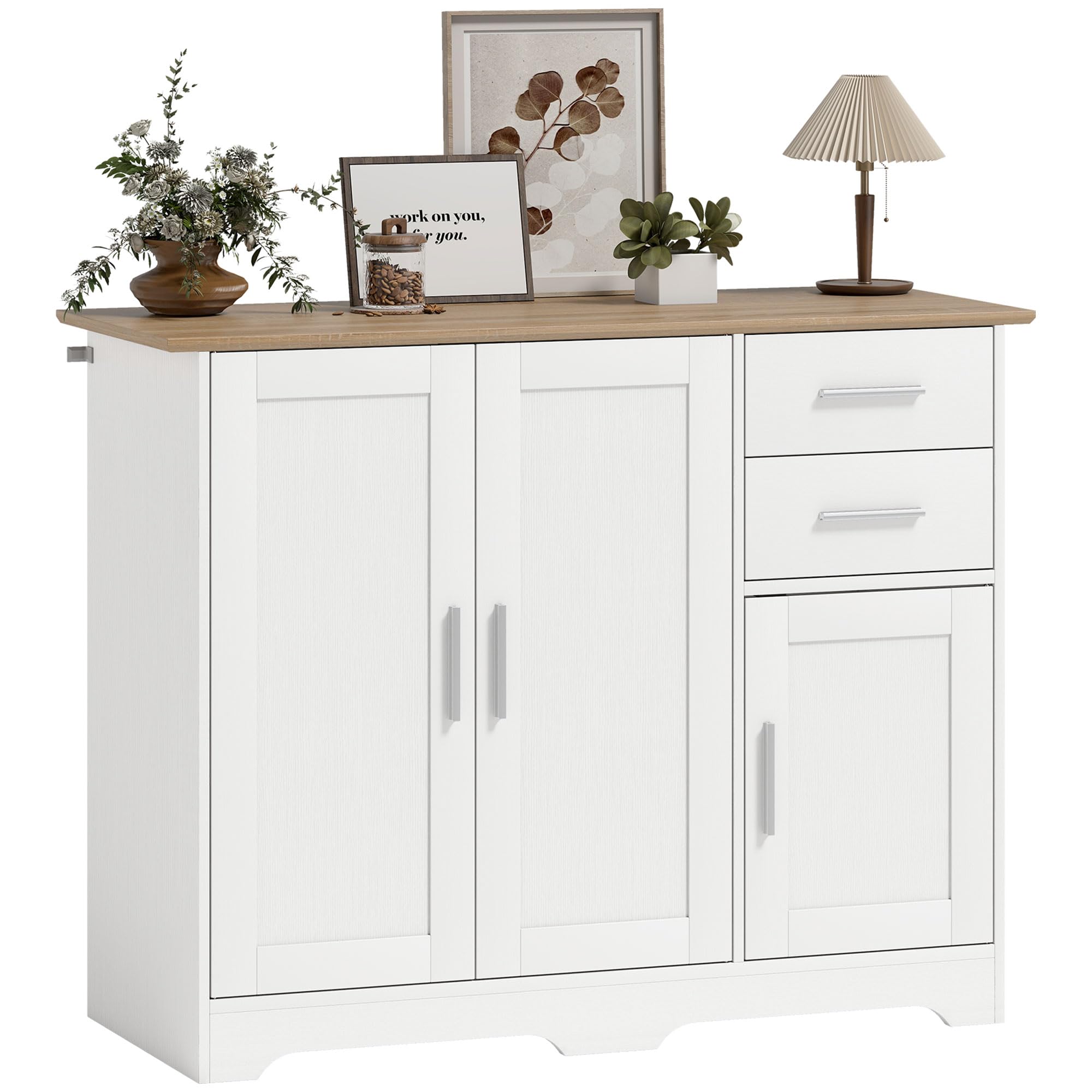 HOMCOM Credenza Cucina, Mobile Cucina con 2 Cassetti e 2 Armadietti, Credenza Buffet con Ripiani Regolabili, 3 Ante, Stile Moderno, per Soggiorno, Sala da Pranzo, 100x40x78 cm, Bianco e Color Legno