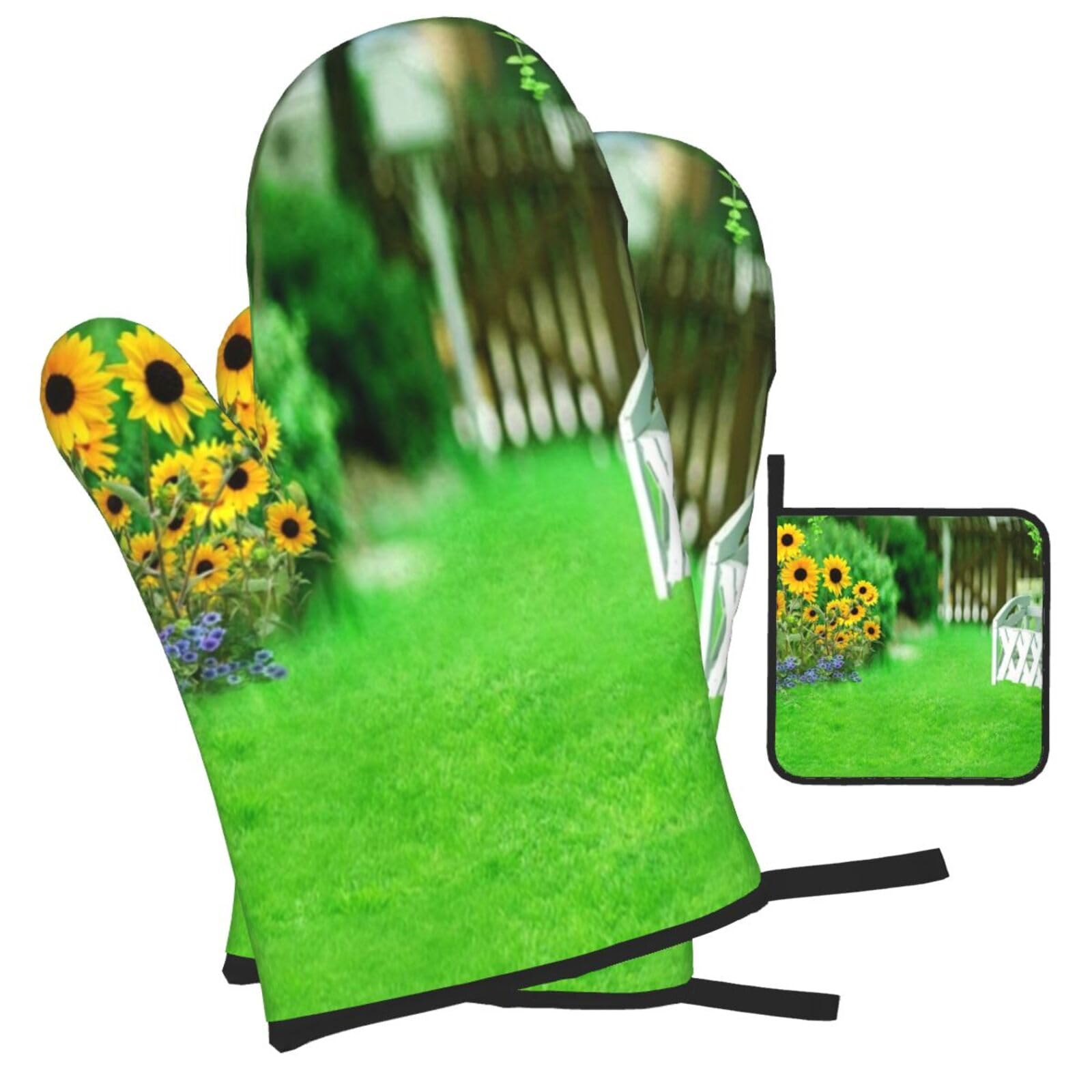 Vine Fence Grassland Sunflower Printed Oven Mitts and Pot Holders Heat Resistant Set of 3 Pcs, Modern Kitchen Gloves & Potholders for Cooking Baking Grilling